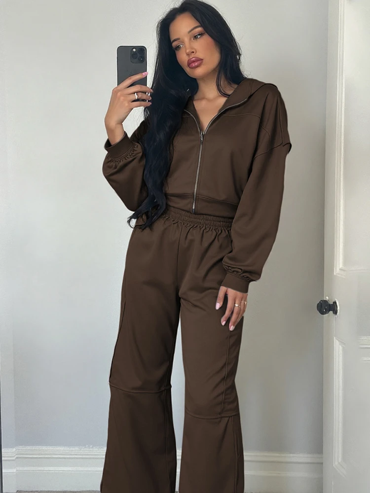 kliou Casual Fall Women 2 Piece Set Classic Solid Sporty Basic Zip-up Hood Coats+Straight Loose Pants Female Matching Tracksuits