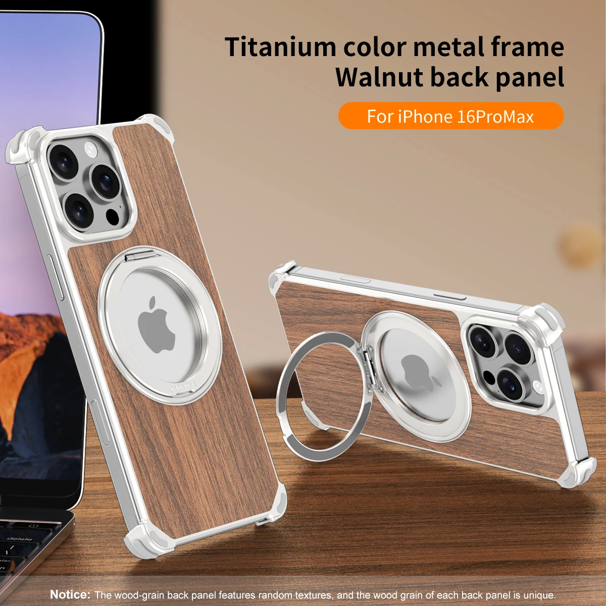 

solid wood+metal Frame Magnetic wireless charging Back Cover For iPhone 16 15 Pro Max 360°rotating bracket shockproof phone Case