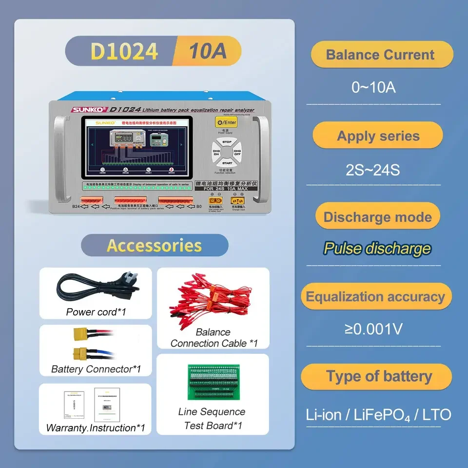 D1024 10A High Current Lithium Battery Pack Equalizer and Analyzer Battery Voltage Equalizer for Electric Vehicle