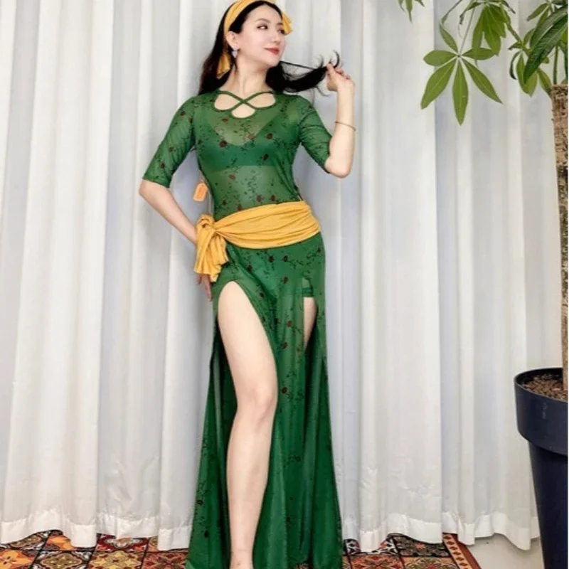 Traje de Danza del Vientre, Vestido de Práctica, Parte Inferior Verde, Estampado Retro de Rosas Pequeñas, Túnica de Malla, Túnica Folclórica Shabbi Baladi, Vestido Largo, 4 Piezas