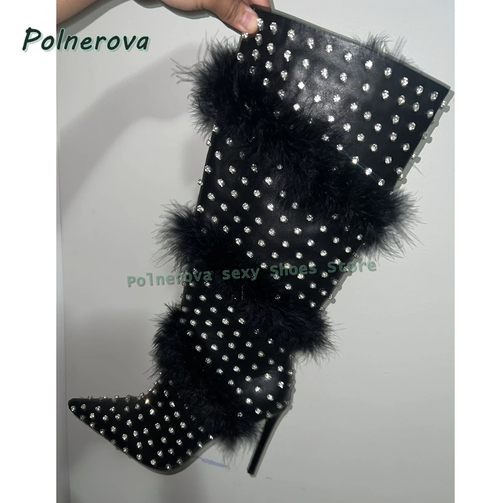 

2026 Длинные сапоги с меховой оберткой и стразами, пикантные современные сапоги до колена для девочек, сапоги до колена с острым носком на шпильке, в стиле пэчворк, осень-зима, новинка