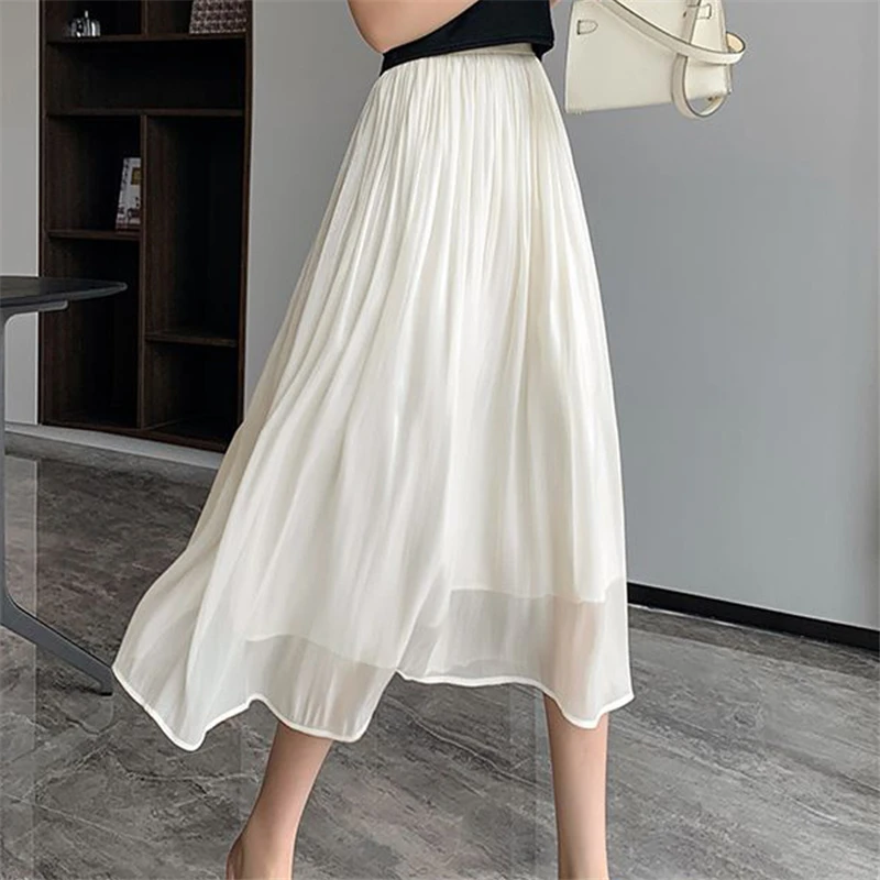 Women High Quality Bright Silk High Waist Pleated Elegant Large Swing Skirts 2023 Summer Fashion Solid Long A Line Skirt Faldas