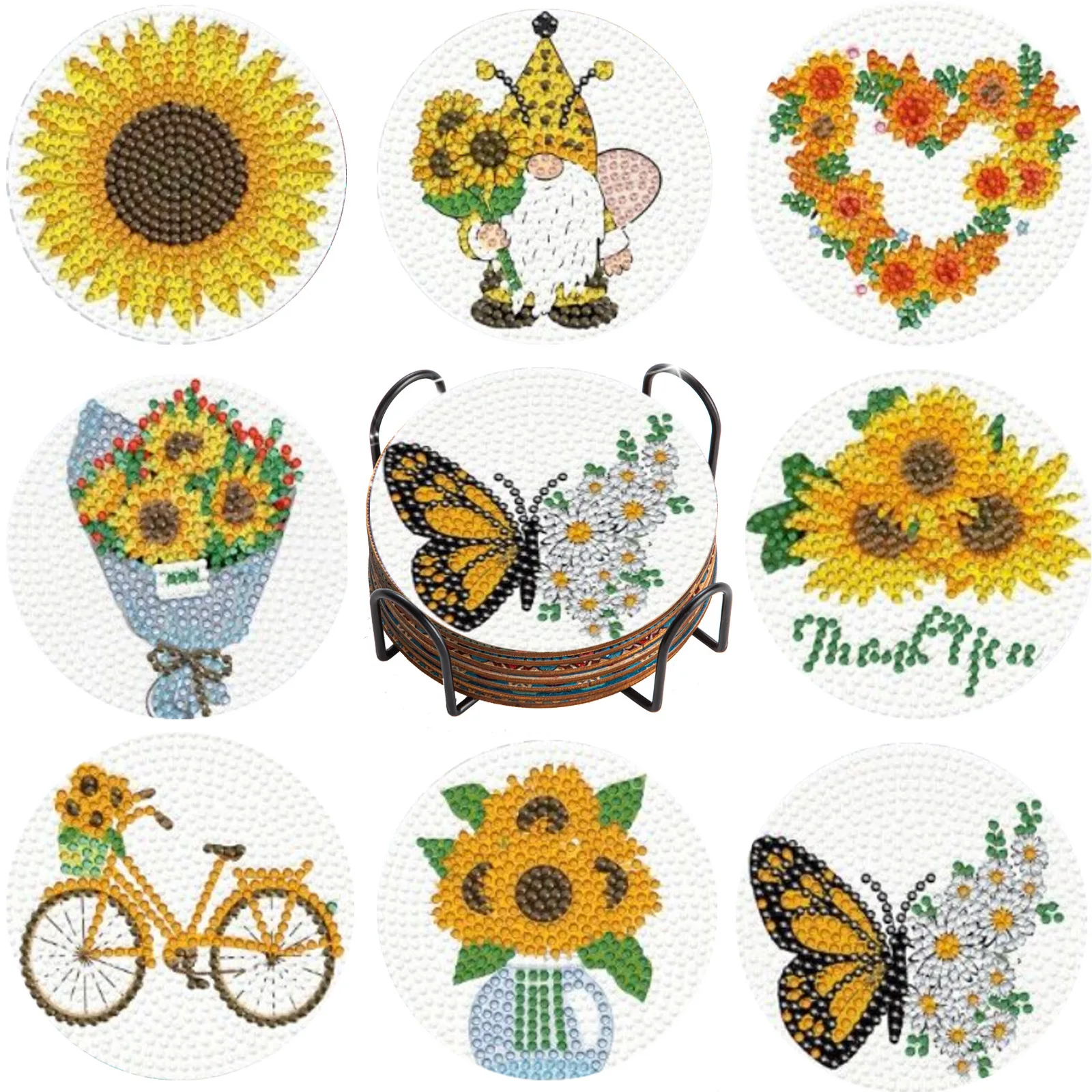 8pcs/sets Diamond Painting Coasters Kits DIY Sunflowers Diamond Art Coasters with Holder for Beginners Adults Kids Craft