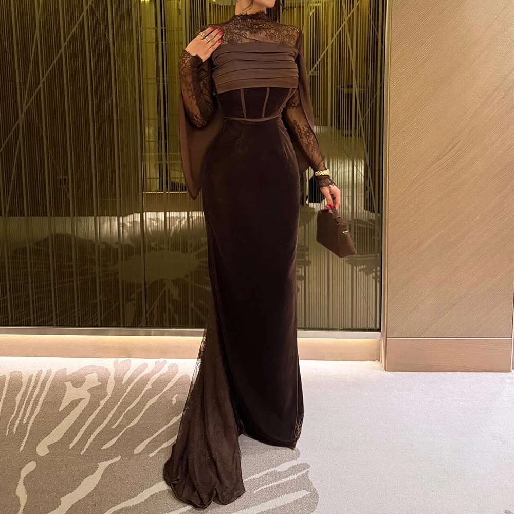 Customized Mermaid Evening Dresses Floor-length High-neck Full Sleeve Prom Gown Fashion Lace Pleat Simple Draped Party Gown