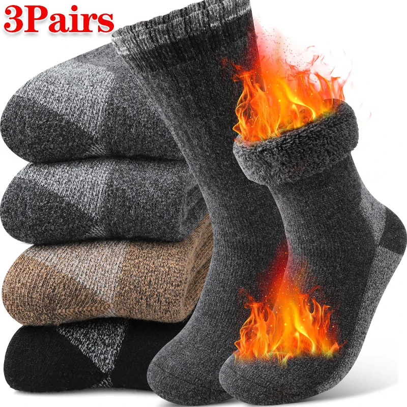 

3 пары очень толстых зимних носков из мариносовой шерсти, морозостойкие мужские ботинки до середины икры, носки, плюшевые термоснежные махровые носки