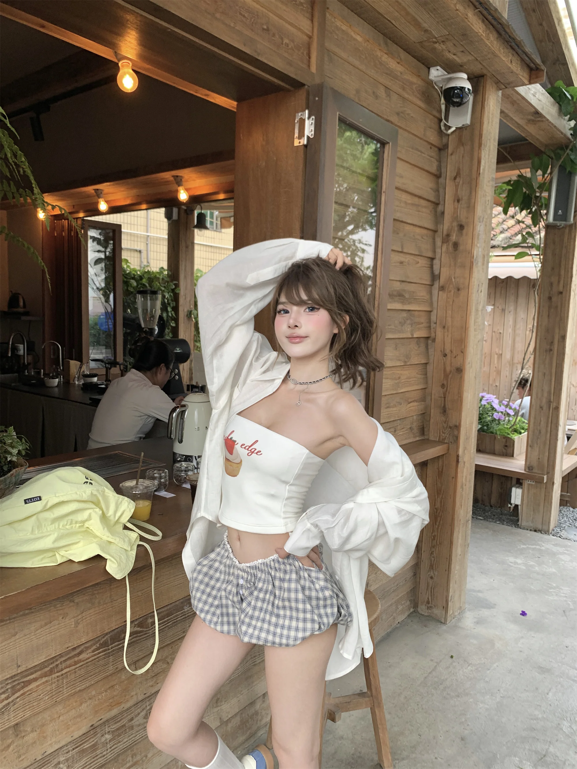 

Sun Protection Women's Shirt Casual Summer High Waist Shorts Plaid Three Piece Set Long Sleeve Slim Fit Sunscreen Top Tube Top