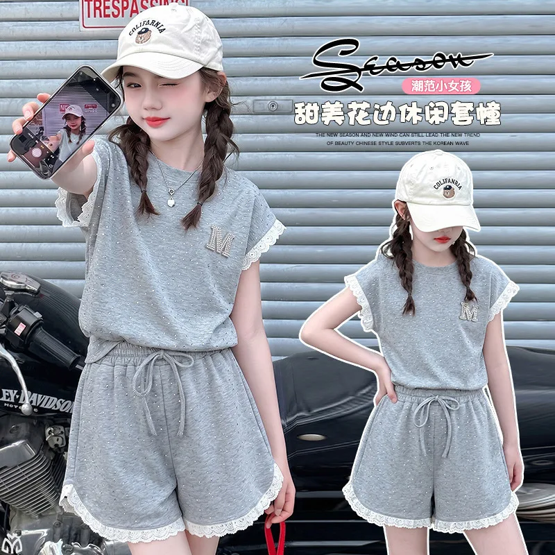 Summer Teen Girls Shining Sportswear 2Pcs Set Lace Ruffle Sleeve Sports T Shirt+Cotton Shorts Junior Kids Casual Sports Outfits