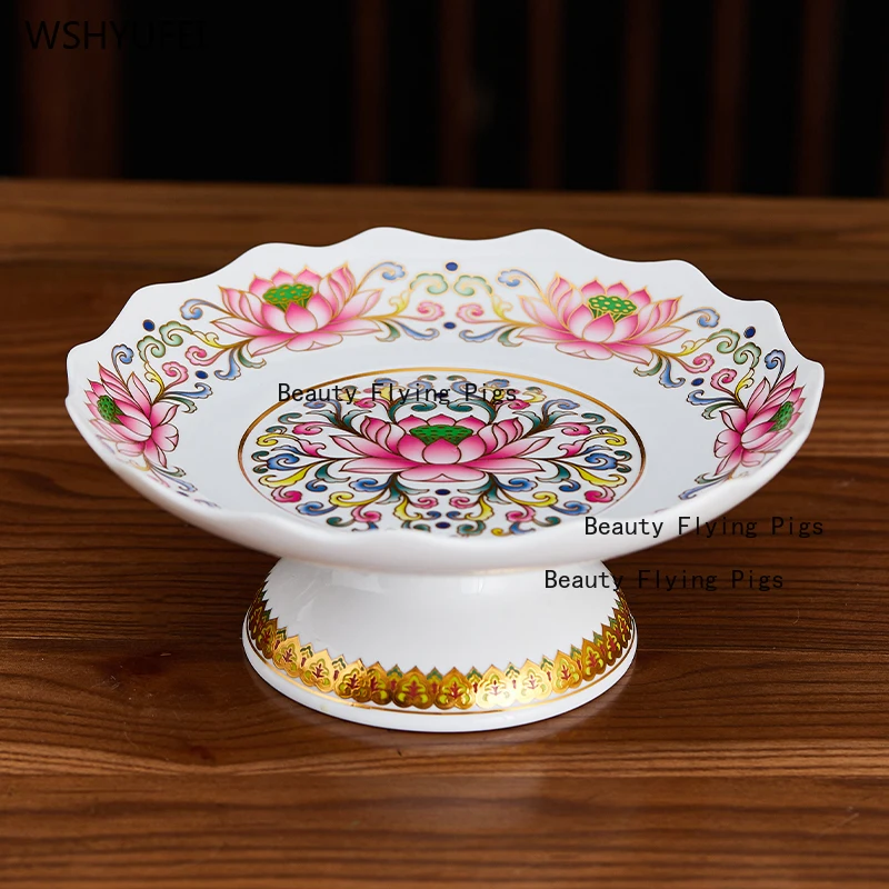 Ceramic Buddha Front Tribute Plate Lotus Tribute Plate Household Tribute Plate Sacrificial Fruit Plates Buddhist Hall Supplies