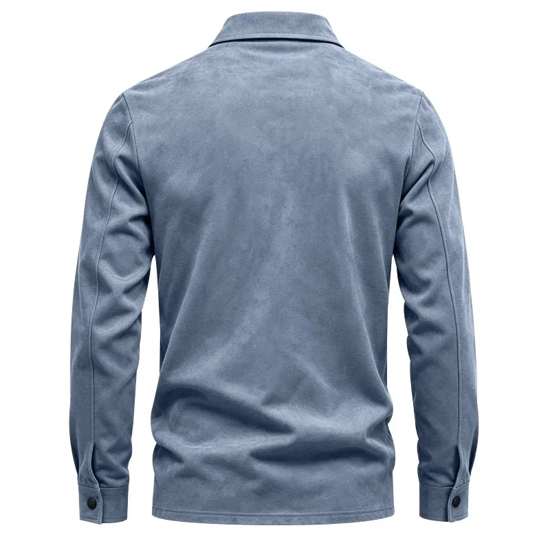 Herren-Freizeitjacke aus Kunstwildleder mit Kragen, langen Ärmeln, Knopfleiste vorne und Brusttaschen, geeignet für Frühling und Herbst. – Detail 11