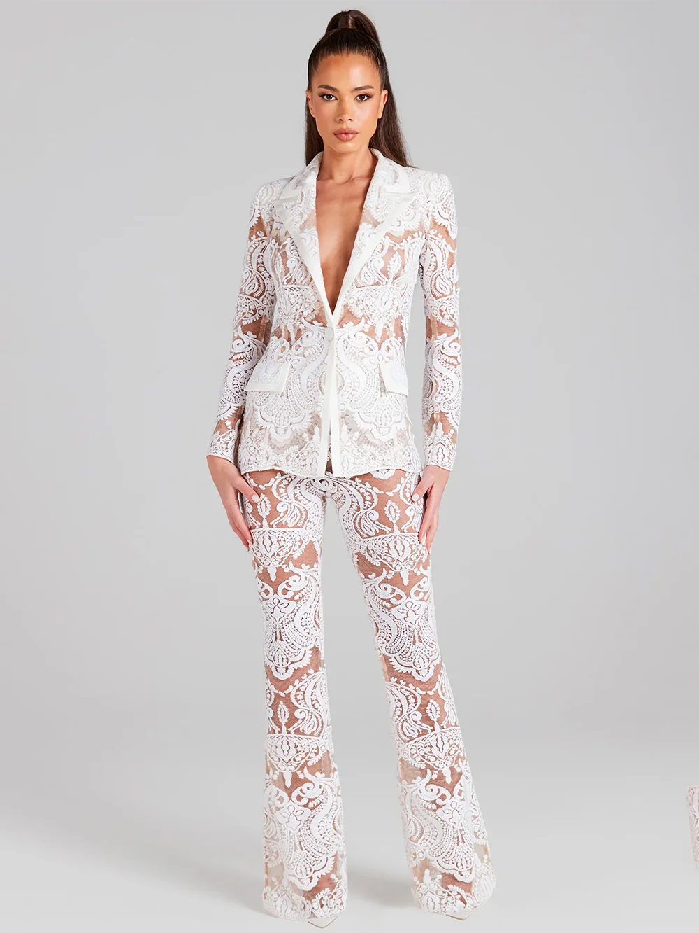 High Quality White Sequin Embroidery Lace Sexy Perspective Women\'S Suit Set Blazer+Pants Two Piece Set