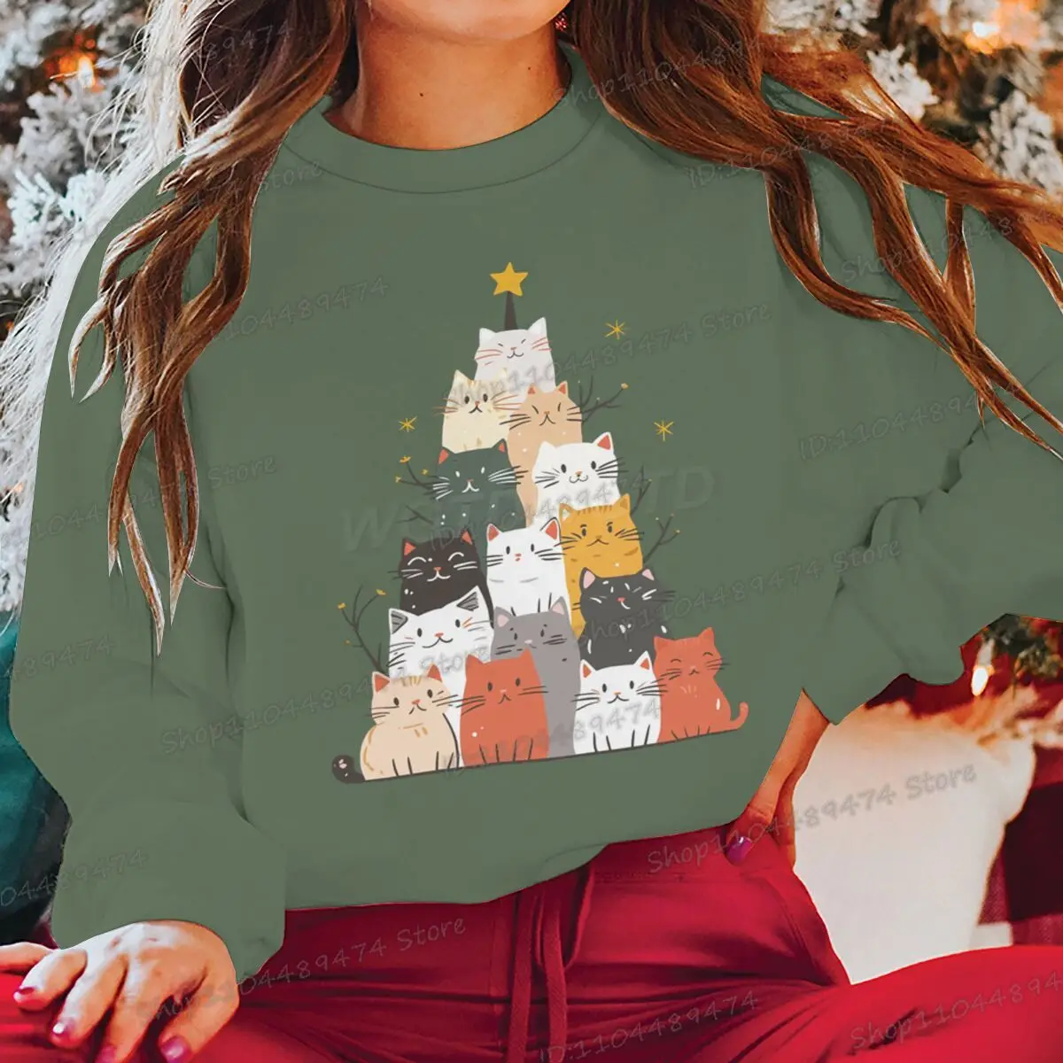 عيد الميلاد شجرة القط نمط الرجال المرأة البلوز أنيمي الحيوان عيد الميلاد البلوز الخريف الشتاء طويلة الأكمام طاقم الرقبة بلوزات