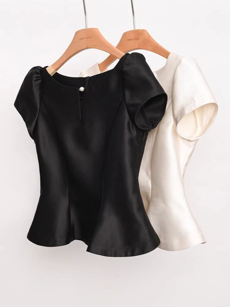 2024 Blusas Mujer De Moda Solid O Neck Shirts Women Puff Sleeve Summer Blouses Crop Tops Fashion Zipper Temperament Blouse Tops