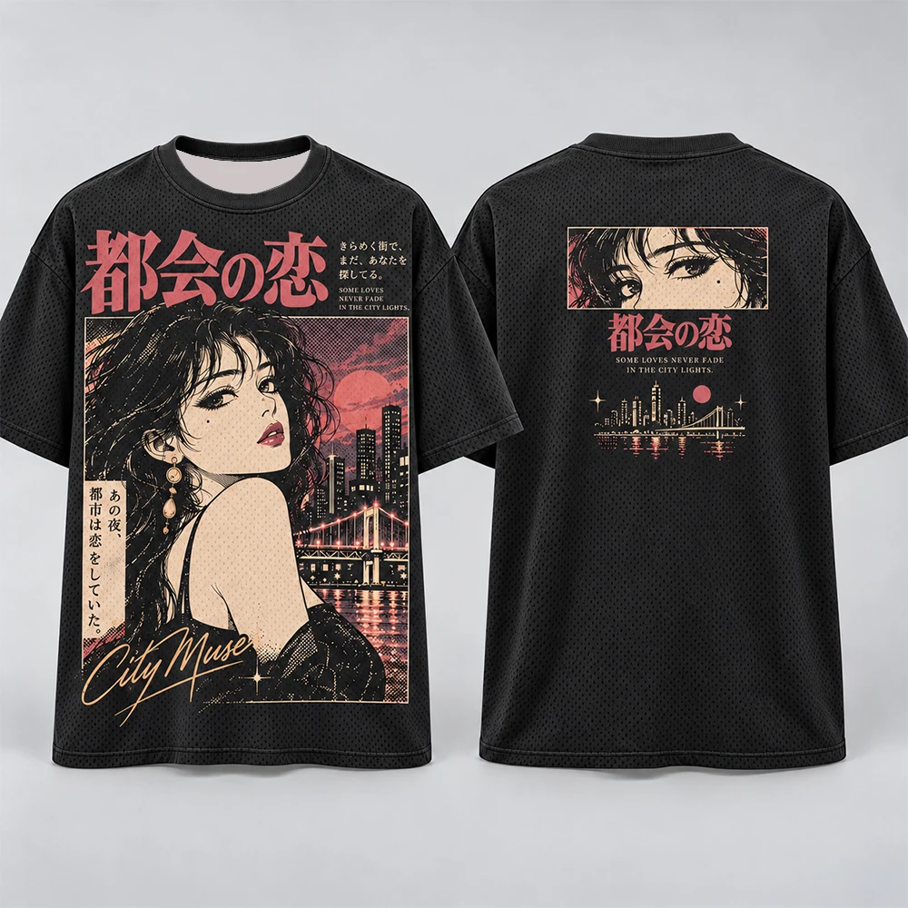 Vintage Japanese Anime Beautiful And Dangerous Girl Double Sided Print Mesh T-shirt Loose Streetwear Breathable Tee