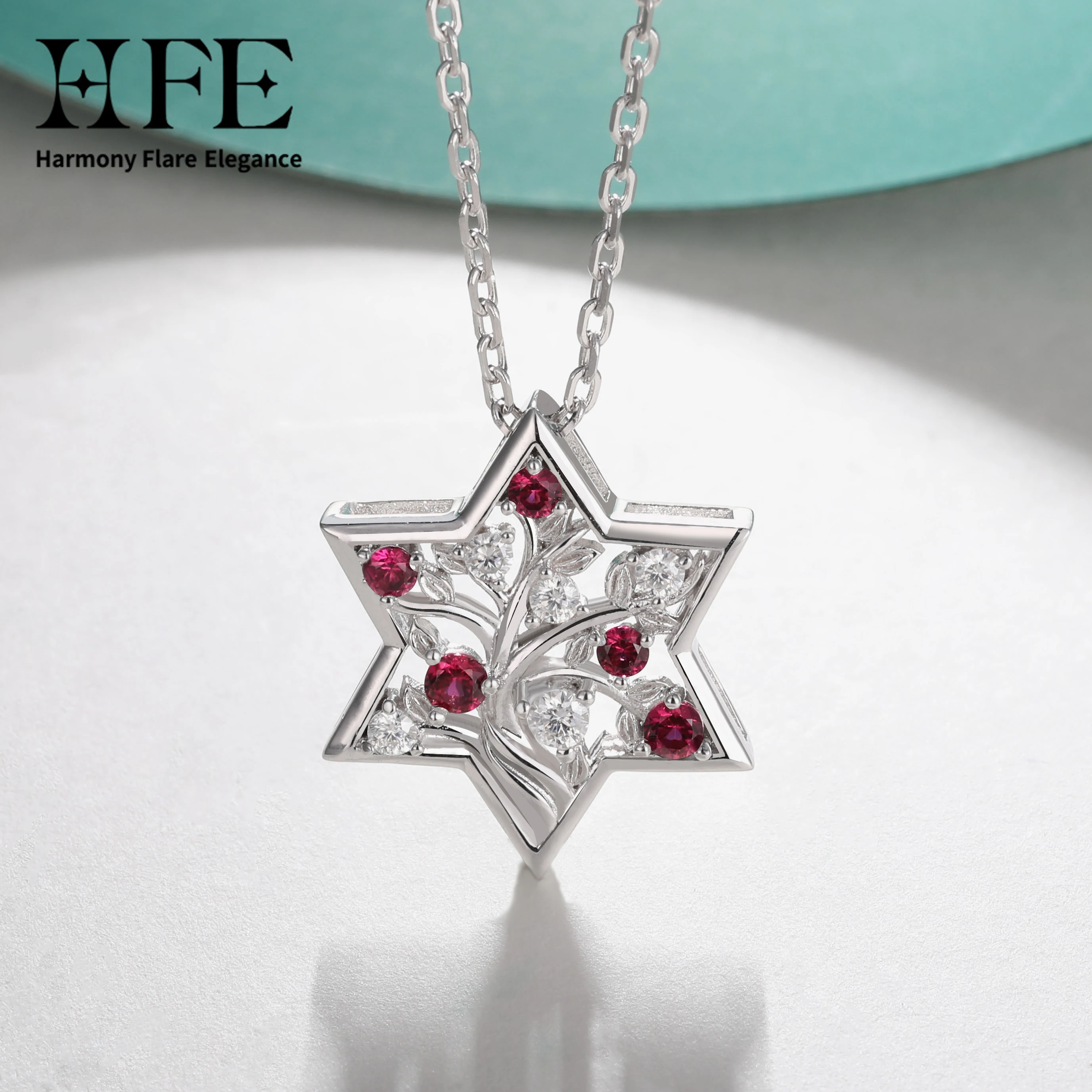 

HFE Sapphire Emerald Moissanite Pendant Necklace 925 Sterling Silver Adjustable Unisex Chain Star of David Pop Star Style