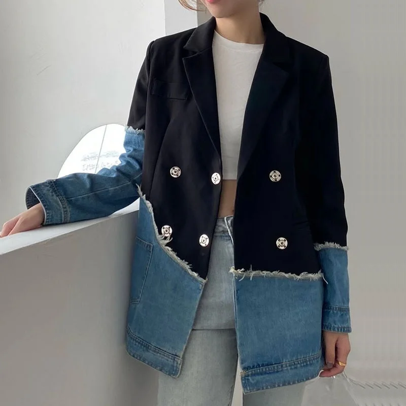 Fashion Frregular Frayed Burrs Cowboy Patchwork Suit Jacket Casual Double-breasted Long Sleeve Spring New Female Blazers Coat