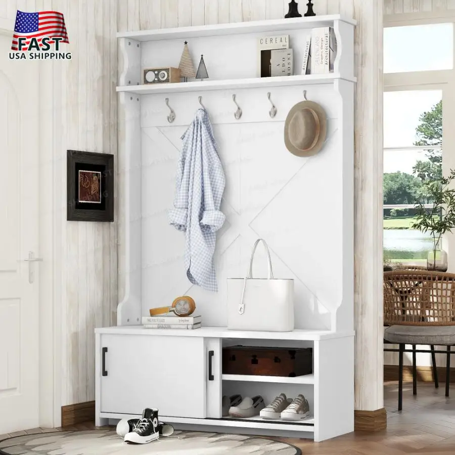 

Hall Tree with Top Shelf and Storage Bench Hallway Shoe Cabinet with Sliding Doors Coat Rack with 5 Hanging Hooks for Entryways