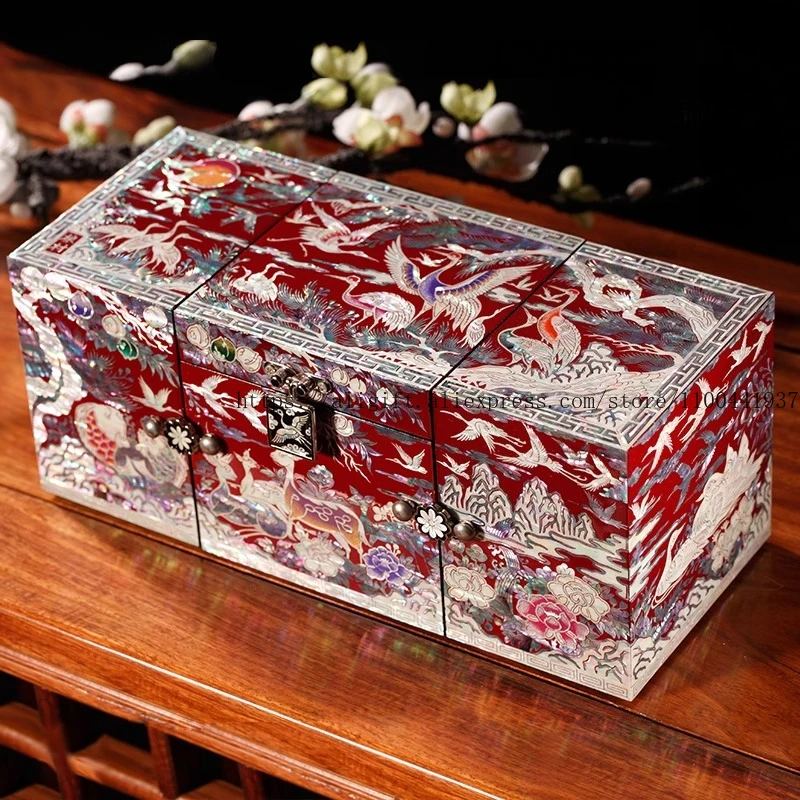 Antique Chinese Jewelry Box Handcrafted Wooden Lacquer Case with Mother-of-Pearl Elegant Wedding Gift for Brides