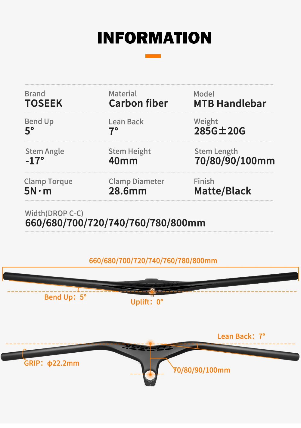 TOSEEK Mtb Handlebars And Stem 28.6mm-17Degree Carbon Integrated Handlebar For Mountain Bike 660~80070/80/90/100mm Bicycle Parts
