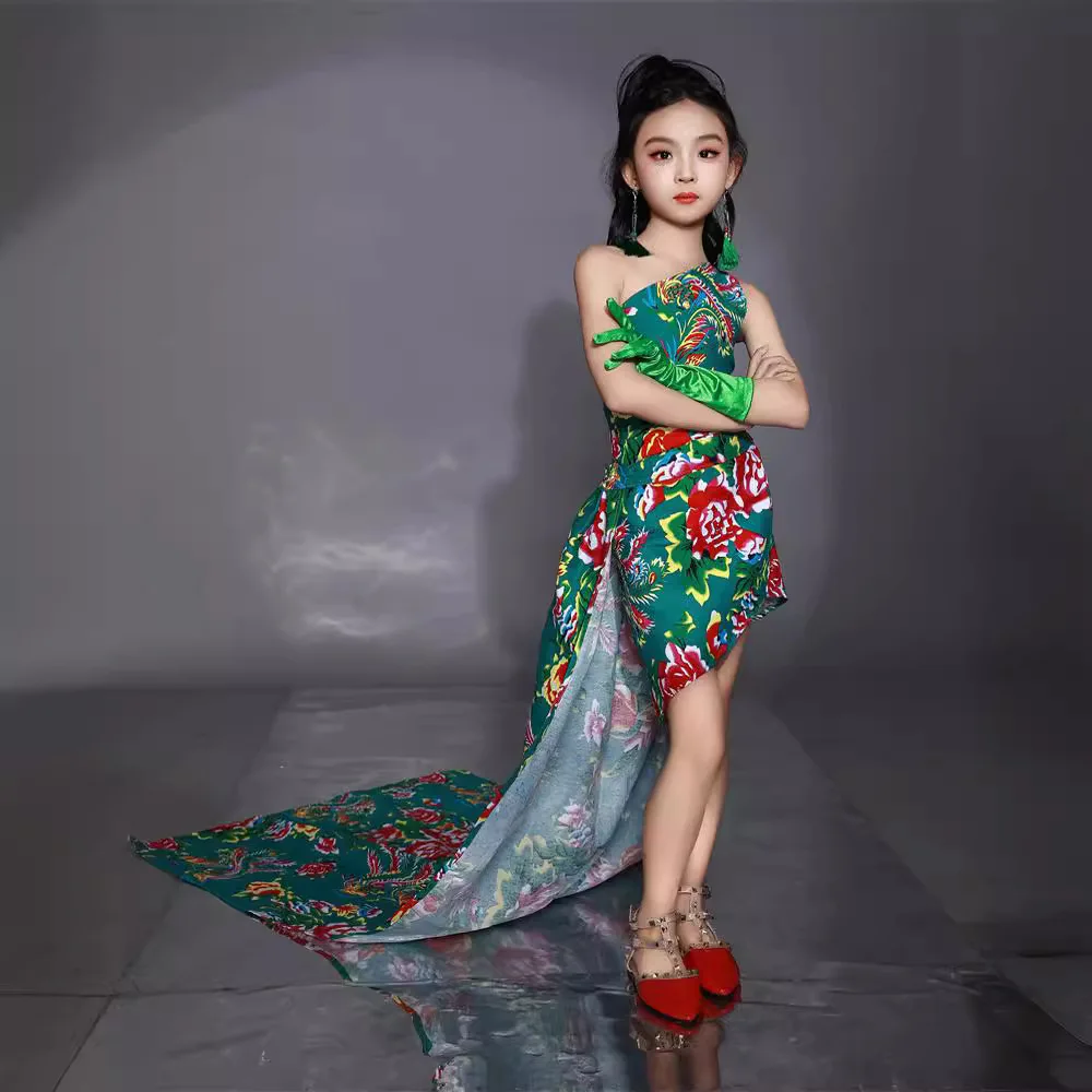 Northeast Flower Edition Girls' Performance Dress One Shoulder One Piece Skirt Tailed T-stage Walk Style Ethnic Style Fashion Dr