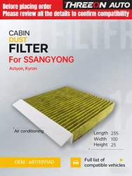 For SSANGYONG ACTYON I 2.0 2.3 KYRON 2.3 RODIUS I 2.7 Activated Carbon Cabin Filter Set 68111-091A0 CU22009-2 MK9565