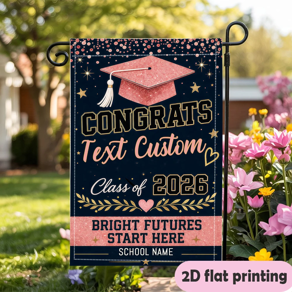 Drapeau de jardin personnalisé avec texte et nom d'école, bleu marine, avec capuchon rose et laurier, décoration durable pour jardin