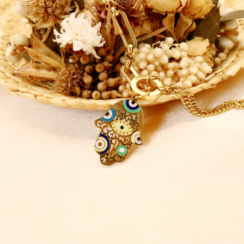 قلادة يد فاطمة عين الشر للنساء ، سلاسل ترقوة من الفولاذ المقاوم للصدأ ، مجوهرات تميمة تركية عتيقة ، لون ذهبي