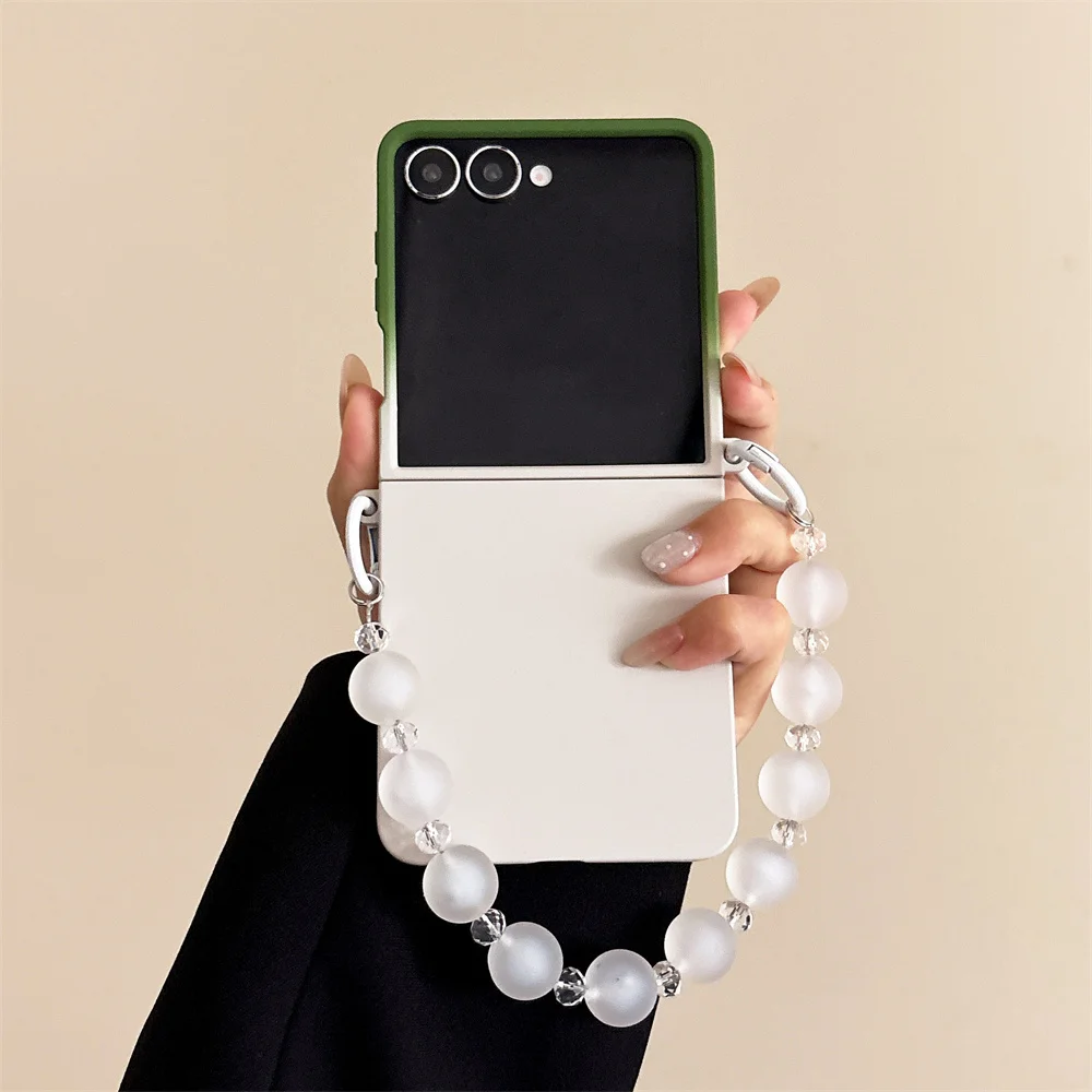 Jelly Color Beads Bracelet Phone Case for Galaxy Samsung Z Flip 8 7 FE ZFLIP 6 5 4 3 Dual Colors Frosted PC Protector Back Cover