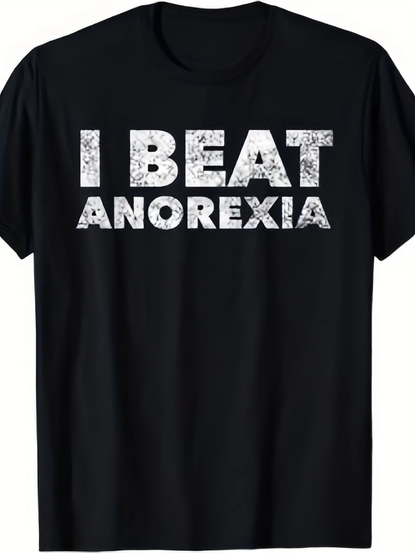 Black T-Shirt with a Striking, Distressed White Text That Says I Beat Anorexia, Placed in the Center of the Chest, with a Simple Design and a Plain Background [Plus Size] Casual Short-Sleeve T-Shirt with Slogan Print, Breathable Summer Fabric, Regular Fit, Suitable for Casual Wear, Everyday Comfort N