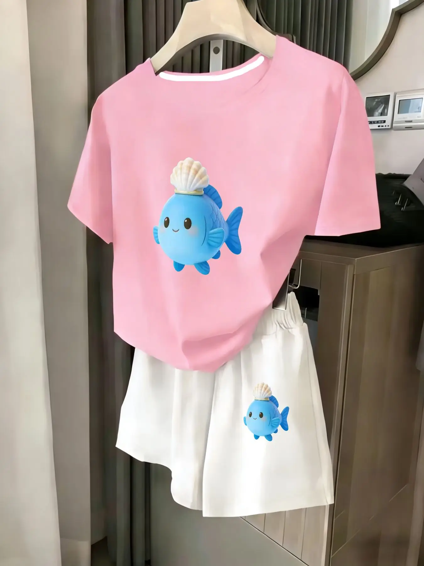 

Ladies 2-Piece Set Summer Beach Vacation Casual round Neck Short Sleeve Random Print T-Shirt Elastic Waist Shorts Suit Comfortab