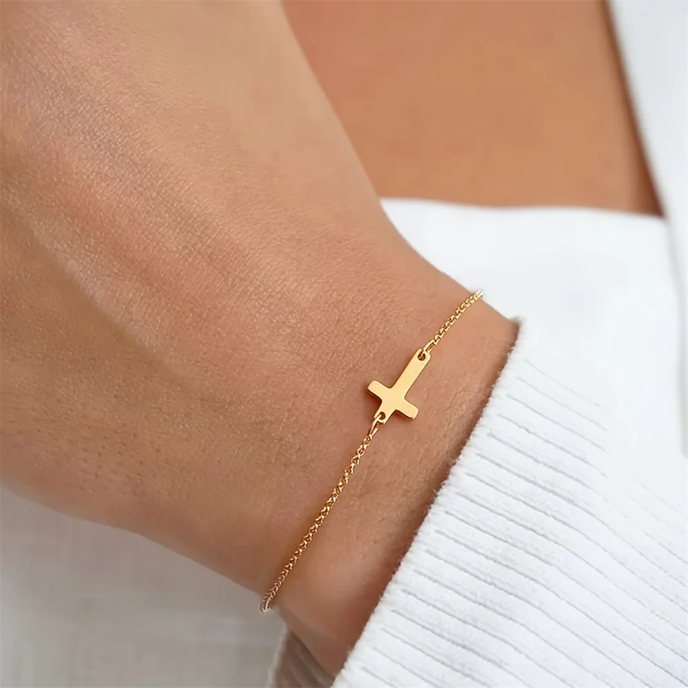 Vintage Gold Color Metal Cross Pendant Necklace Bracelet Jewelry Set for Women Simple Minimalist Match Daily Wear Accessories