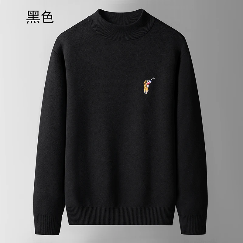 Mock Neck 100% Cotton Pullovers Men Clothing Embroidery Pattern Male sweater Knitted Outwear Top Gray Red Blue Black Autumn