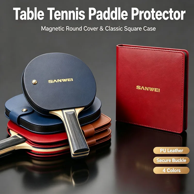 SANWEI Ping Pong Paddle Protective Clip, Magnetic Round & Square Classic Table Tennis Racket Cover PU Leather Bat Protector