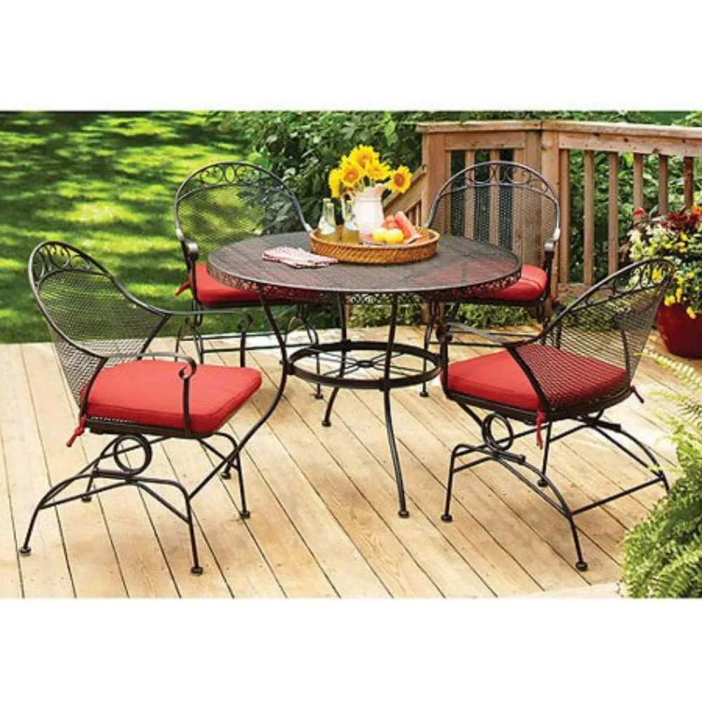 

Better Homes and Gardens Clayton Court 5-piece Patio Dining Set, Wrought Iron Table and 4 Chairs, Red Cushions, Seats 4