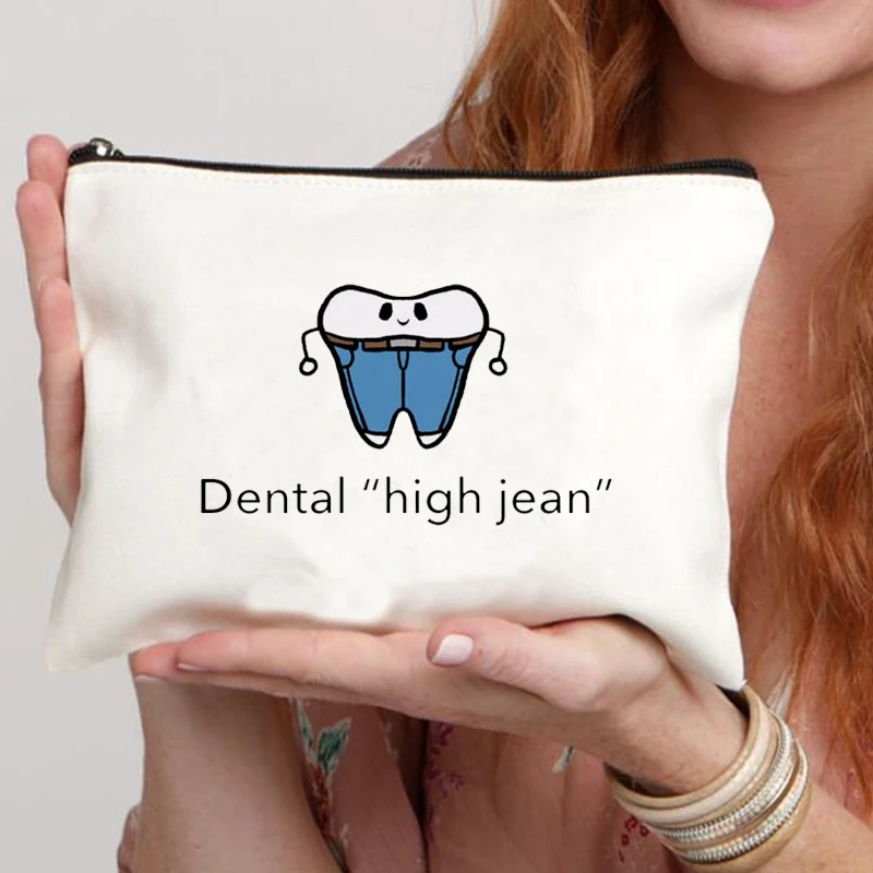 2024 Cute Teeth Cartoon White Zipper Makeup Bag Dental Clinic Storage Bag Women\'s Single Party Minimalist Decorative Handbag