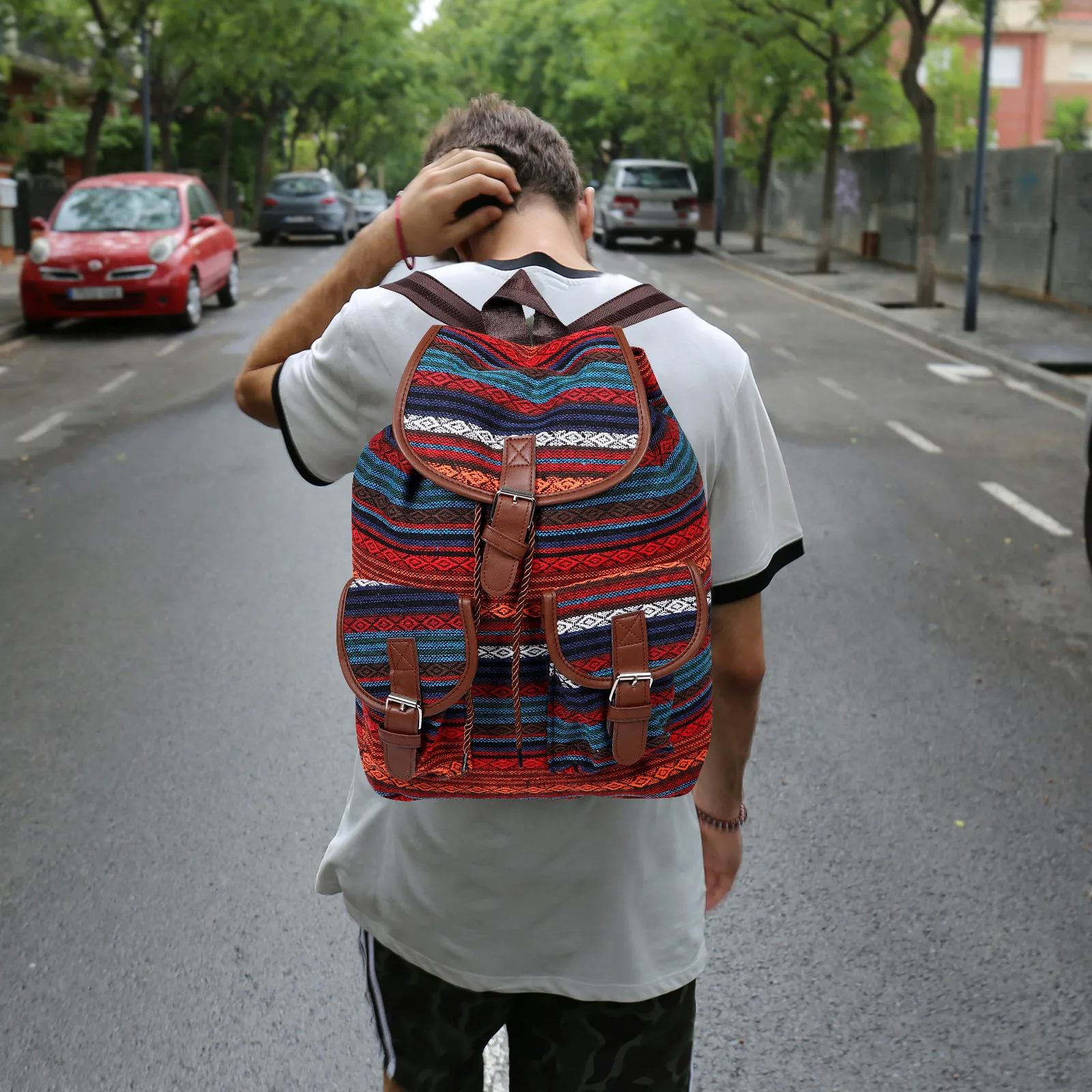 Ethnic Style Large Capacity Plaid Backpack Drawstring Bucket Bag Vintage Boho Casual Travel School Purse Stylish Backpack