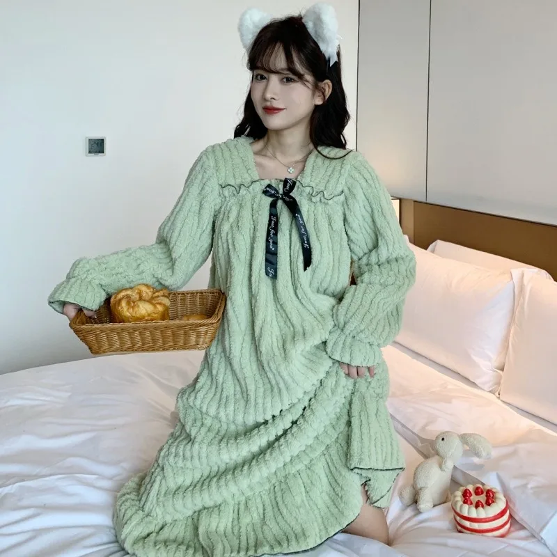 Autumn Winter Cute Bow Thicken Flannel Long Sleepwear Dresses Sweet Girls Pajamas Nightgowns Loose Soft Warm Bath Robe for Women