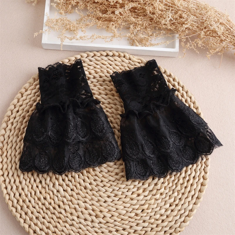 Short Hand Sleeve Gloves Steampunk Hand Sleeve Ruffled Women\'s Detachable Cuffs With Pearl Lace Mesh Decorative Accessories