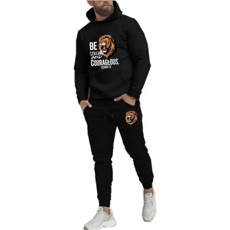 Primavera outono masculino leão impressão casual 2pc define personalidade sweatshirts rua moda esportes terno com capuz topos calça fina