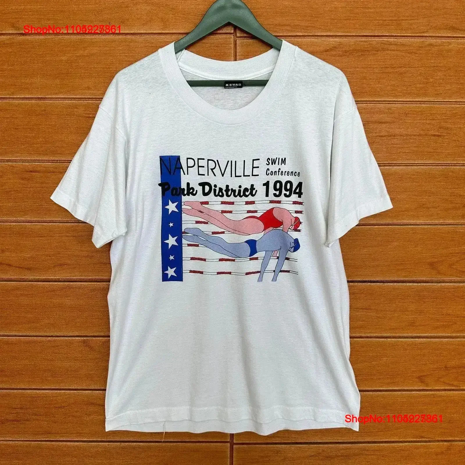 Vintage 90s Naperville Swim Conference Park Distrito 1994 camiseta Win 32 desarrolladores otoño Tokio Japón tamaño L lavado suave