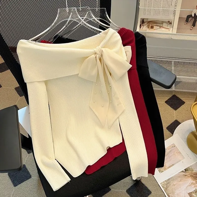 Korean Style Chic Slash Shoulder Bow Long-sleeved Knitted Women's Clothes Autumn New Irregular Sweater Pullover Top