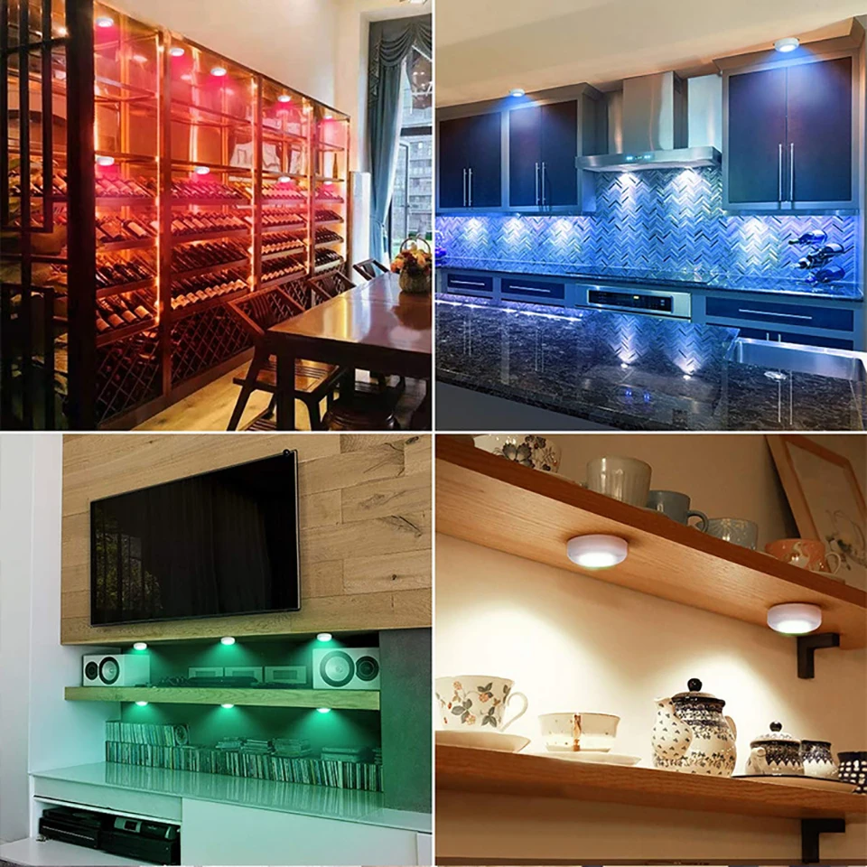 Battery Powered RGB Night Light Led Under Cabinet Lamp Puck Lights with Remote For Home Wardrobe Kitchen Display Case Decoration