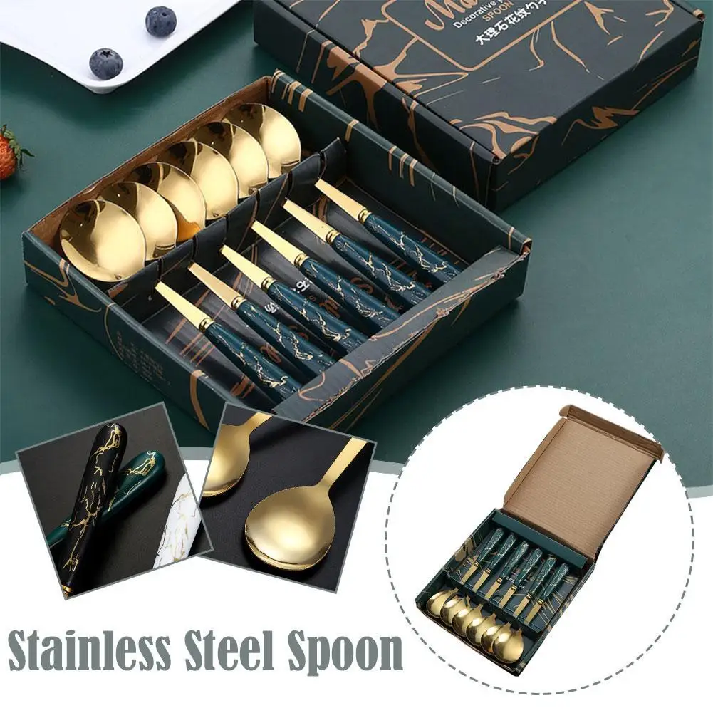 1PC Stainless Steel Cutlery Spoon Set Multipurpose Ice Cream Milk Coffee Stirring Spoon Vintage Marble Sztućce Spoon Set