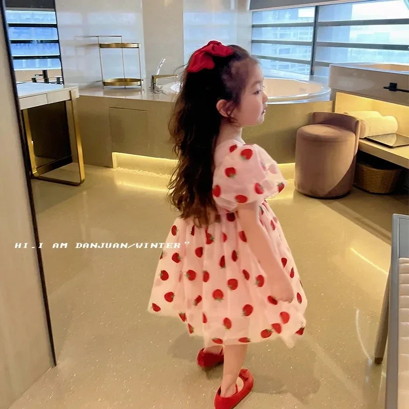 Summer Floral Girls Dresses Strawberry Short Sleeved Children's Clothing O-Neck Party Princess Dresses Vestidos kids clothes