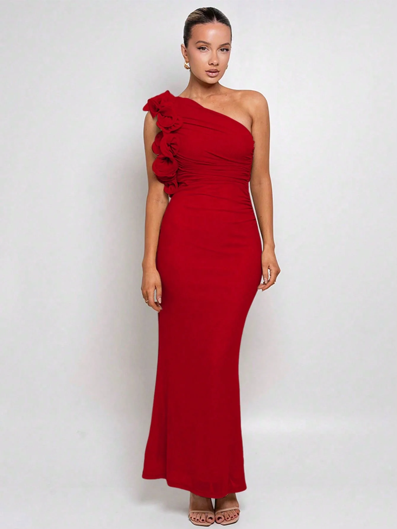 Sommer Elegantes One-Shoulder-Rotes Maxi-langes Kleid für Frauen Rüschen verziertes Kleid Hochzeit Abend Cocktailpartykleid Sexy