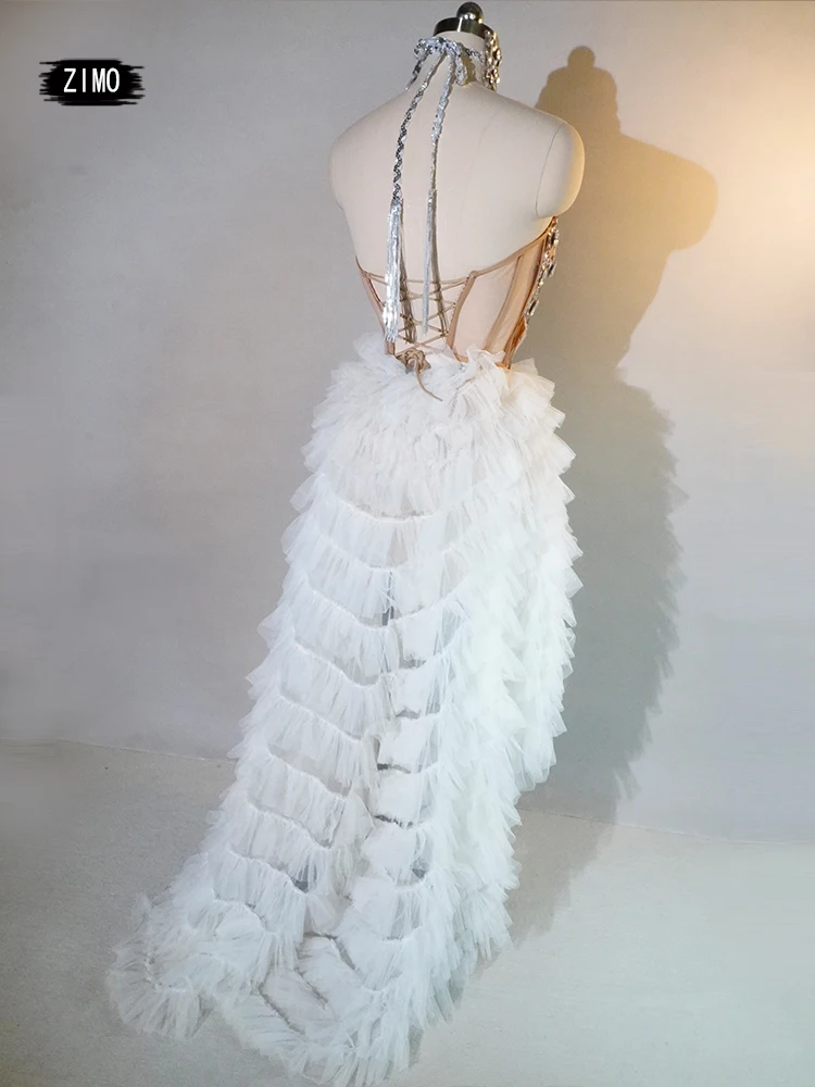 Biała długa sukienka cekinowa kryształowa dwuczęściowa seksowna celebrytka wesele impreza klub urodziny stroje świętowanie drag queen sceniczny