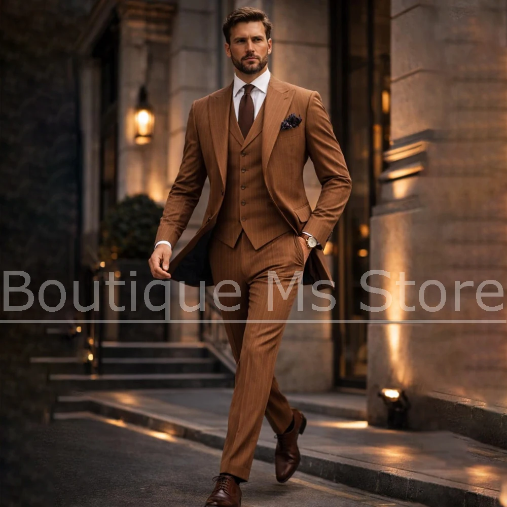 

Men's Striped Suit 3 Piece Slim Single Breasted Peak Lapel Blazer Vest Pants Formal Business Wedding Party Prom Gentleman Outfit