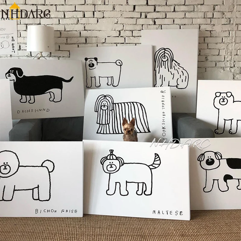 

Wall Art Canvas Print Painting Poster Picture Black White Cute Animal Puppy Dog Modern Nordic Korean Living Room Home Decor