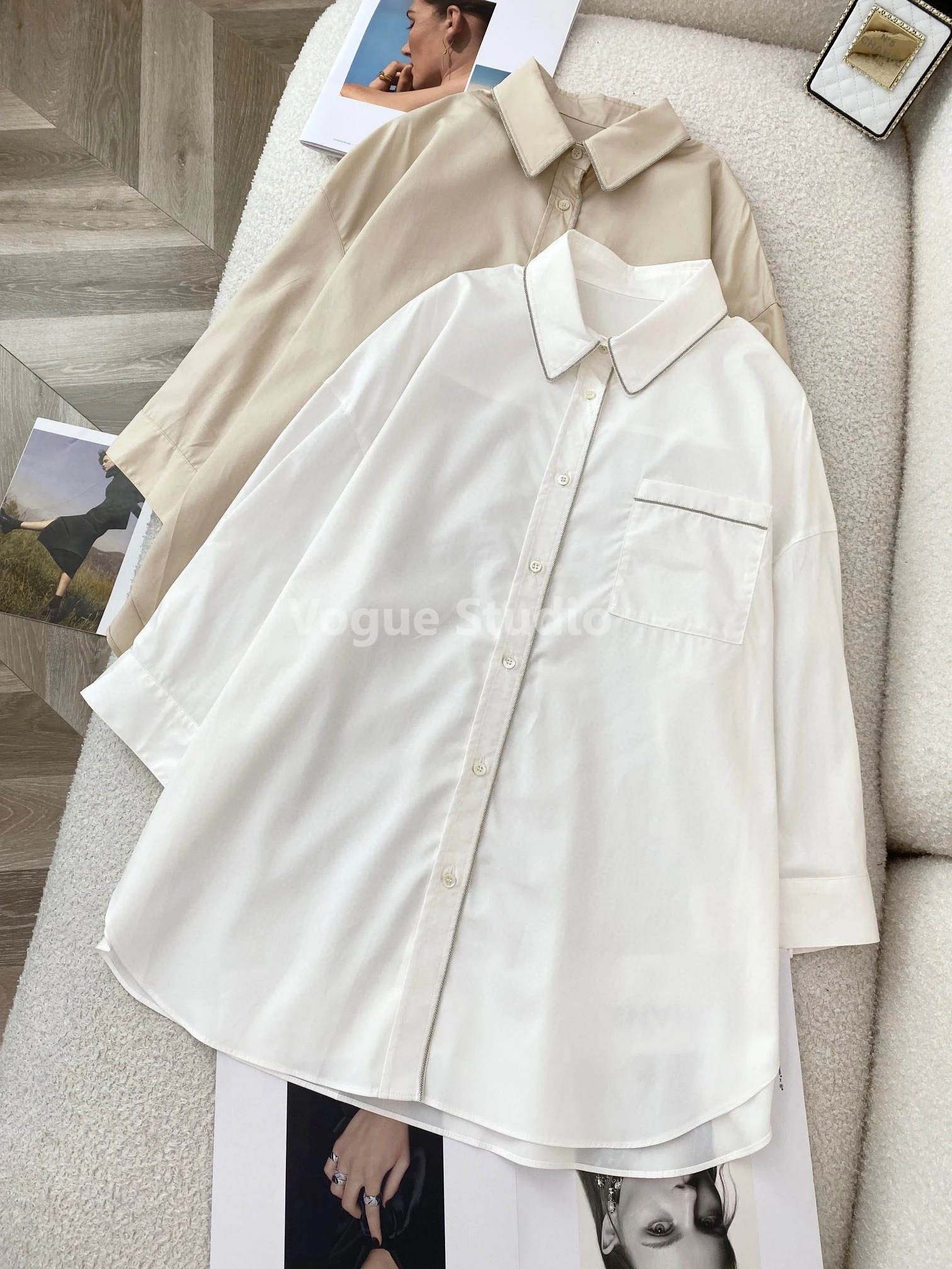 Luxurious casual high quality beads trimmed cotton loose long shirt