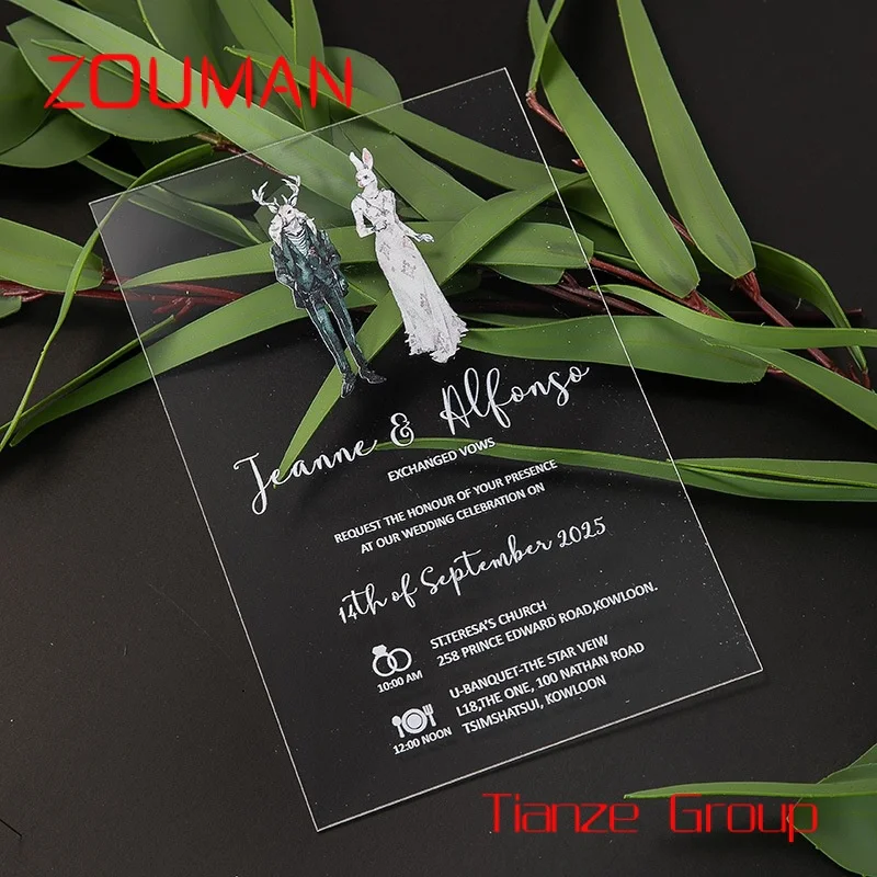 Carte acrylique personnalisée, impression UV, imprimante dorée, rectangle transparent de luxe, invitations de mariage