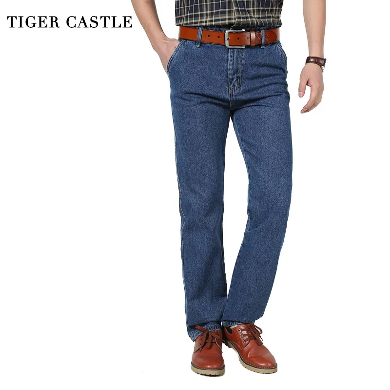 

TIGER CASTLE Men's Casual Denim Pants 100% Cotton High Waist Male Straight Jeans Denim Overalls Men Classic Autumn Men Trousers